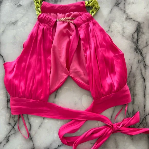 Vibrant Pink cropped Halter Top with Neon Green chain Straps - Picture 2 of 2